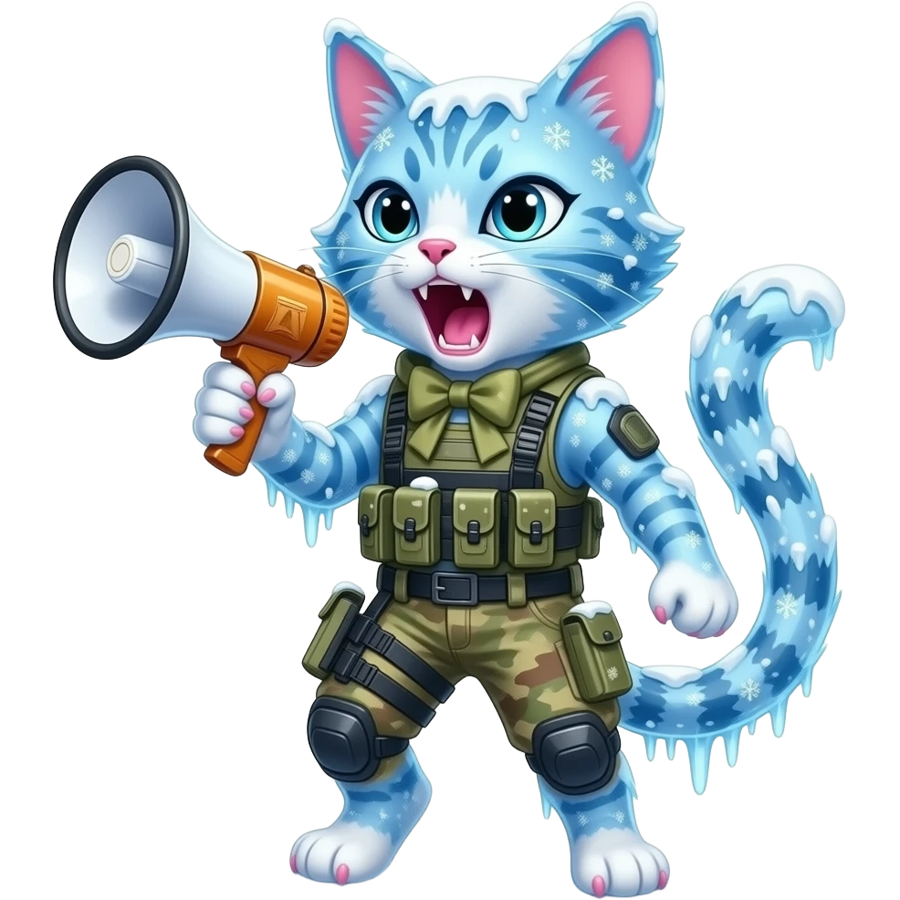 a sleek pretty female really furious angry snarling cat  made from ice snow and snowflakes and covered from frost. the cat is wearing a bow, modern warfare gear is  using a megaphone to yell. their clothing and weapons are covered in frost and icicles. the cat has long eyelashes and pink claws emoji
