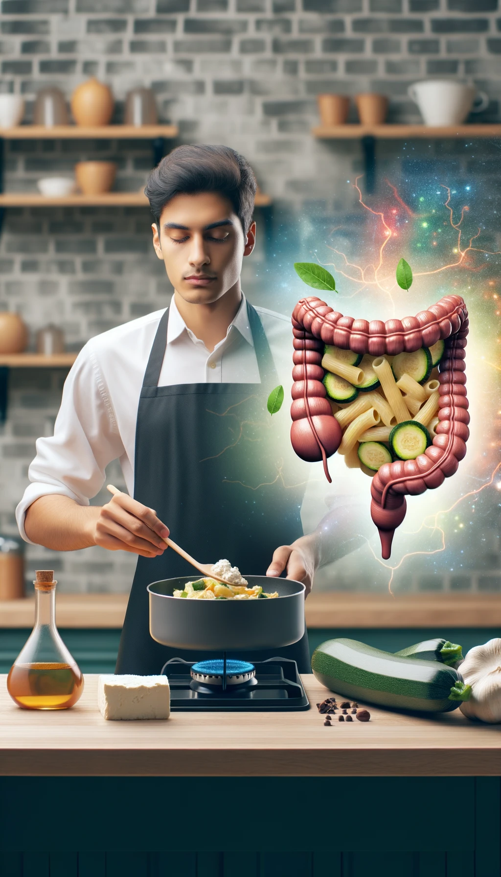 corpo umano con capelli corti con grembiule nero che cucina una ricetta con zucchine, gnocchi e ricotta, intestino realistico in evidenza, cucina sfocata sullo sfondo emoji
