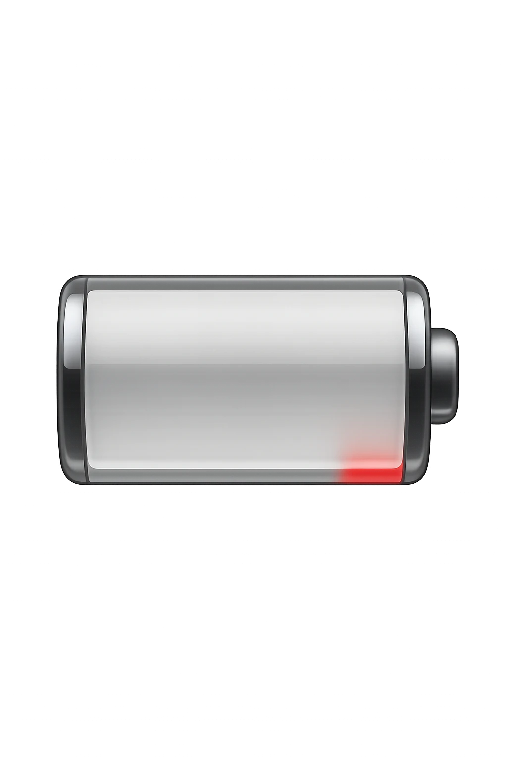 iPhone-style emoji of a battery that is almost empty, with a small red bar at the end indicating low energy. Clean, minimal, glossy look, transparent background. emoji