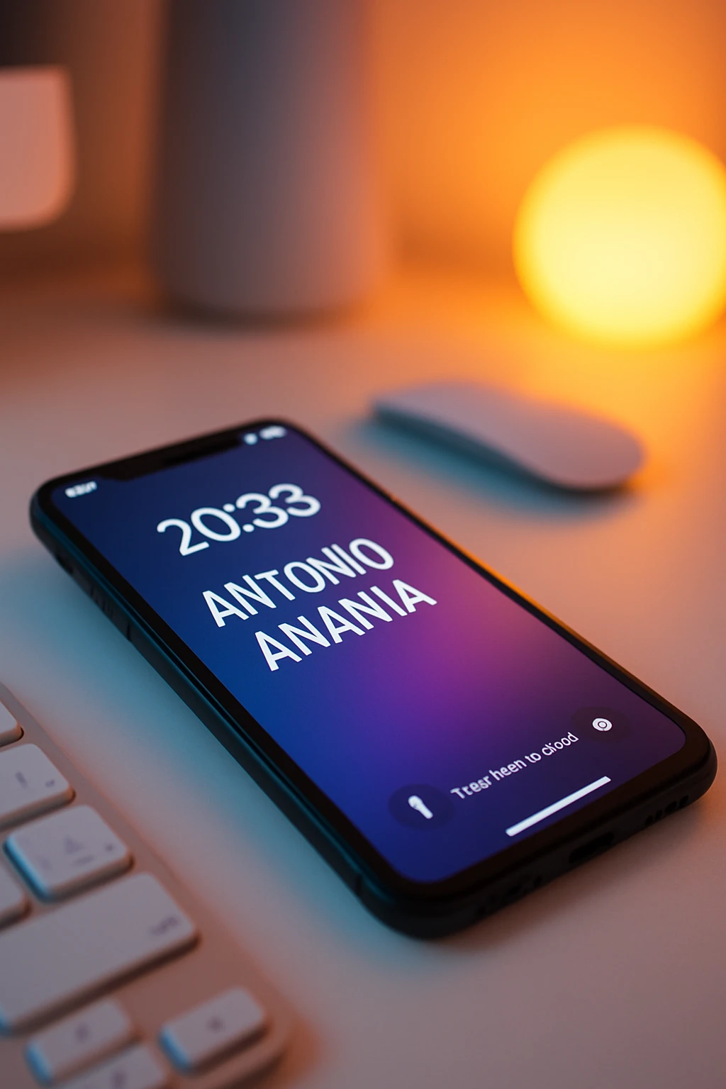 A photo of an iPhone on the desk with the message "Antonio Anania" on its screen, The phone sits atop a desk with a blurred background that suggests work environment. A faint glow from above casts gentle shadows across the surface of each object, creating depth and highlighting their textures emoji