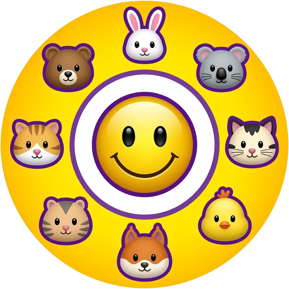 Same with this design.Yellow Smiley in the centre. The smiley  with white and purple background, circle form ,serrounded by the head only of these seven symbols: 🐻🐰🐨🐈🐹🐿🐥 Smaller size. Bright yellow background, bright purple outlines emoji