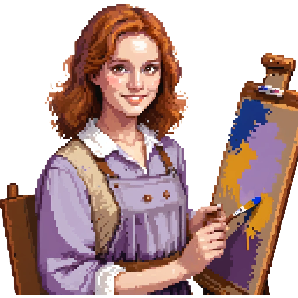 Serene female oil painter, Caucasian features, shoulder-length auburn hair, soft brown eyes, gentle smile, wearing a violet painter’s smock lightly stained with paint over a beige blouse, holding a wooden palette with vibrant colors in one hand and a brush in the other, waist-up, front-facing emoji