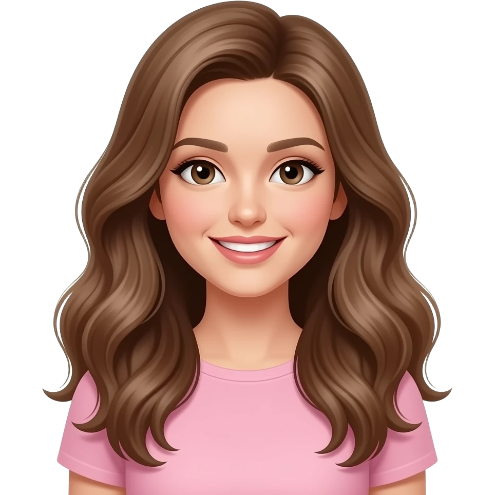 A beautiful woman  and has a beautiful smile and has very light brown hair that is long and blowout. Is wearing baby pink it looks realistic emoji