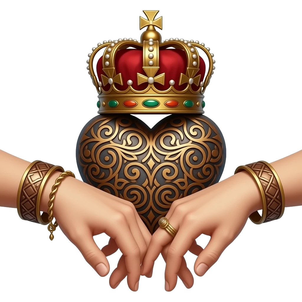 two elegant  hands with bronze bracelets touch with their fingers (fingers are facing down and palms are facing up)  a rusty heart richly ornamented with arabesques with a richly decorated royal crown, dramatic lighting - backlight emoji