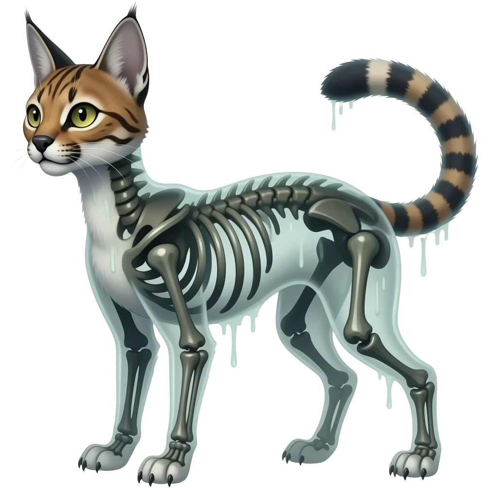 Digitigrade scaly bony skull-faced quadrupedal swampy ghostly dull spectral edgy spooky meager thin cool beautiful skeleton-fantasy-caracal-civet-genet-vernid-duskull-Cubone-Cacomistle-oncilla-Fakémon-hybrid (full body) emoji