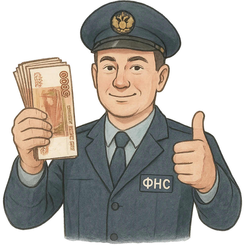 В слегка рисованном, но при этом объемном стиле инспектор ФНС держит пачку 5000 тысячных купюр, другой показывает класс и смотрит ровно на зрителя, прозрычный фон, не обрезать края картинки emoji