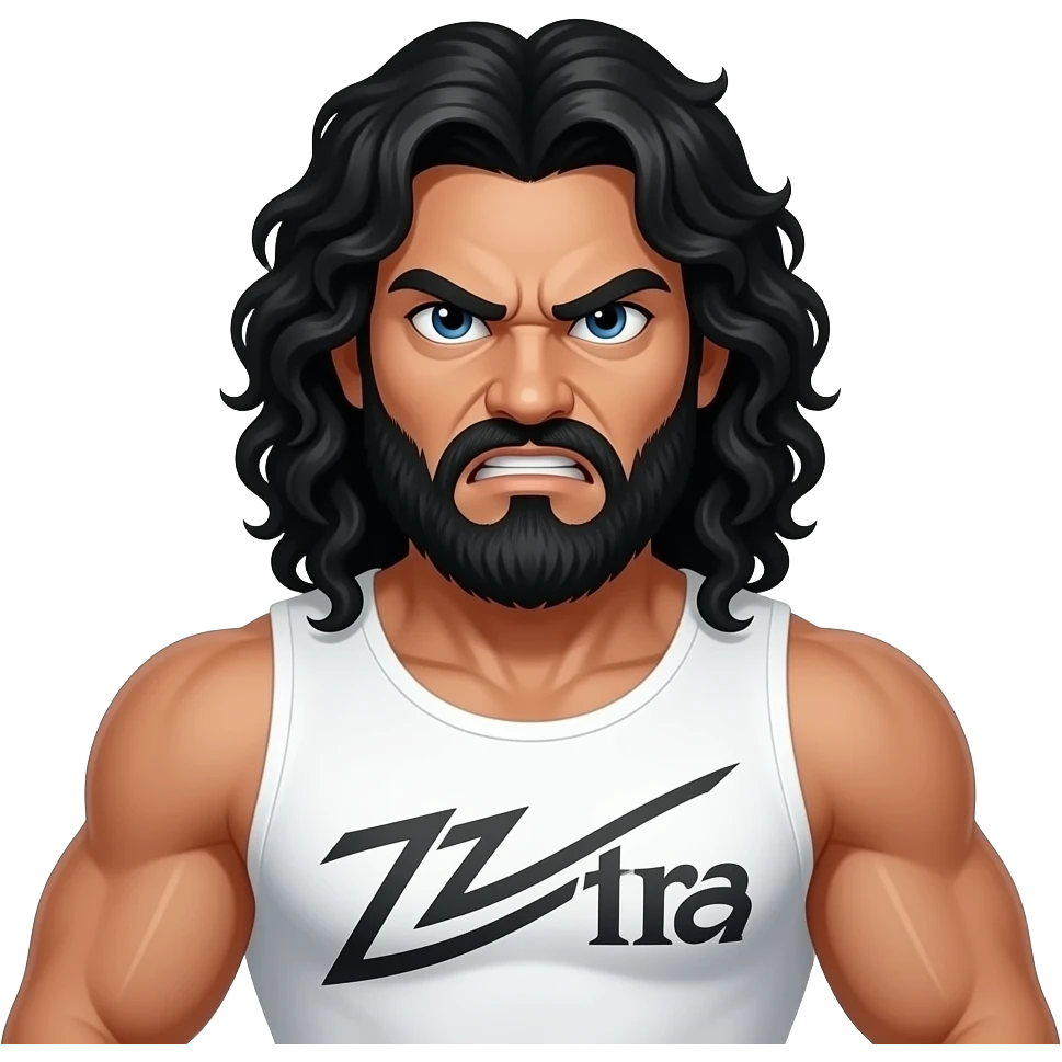 TEXICAN OUTLAW, with a ZZ Top beard, long, black, curly hair, super muscular, with angry eyes, beard is black too, wearing all white emoji