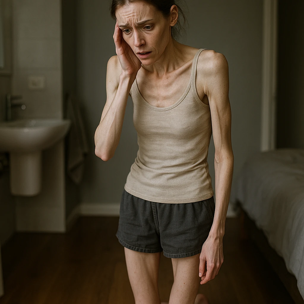 hyper realistic woman on a scale who has lost weight too quickly, worried expression, realistic details, atmosphere suggesting discomfort, scene in bathroom or bedroom emoji