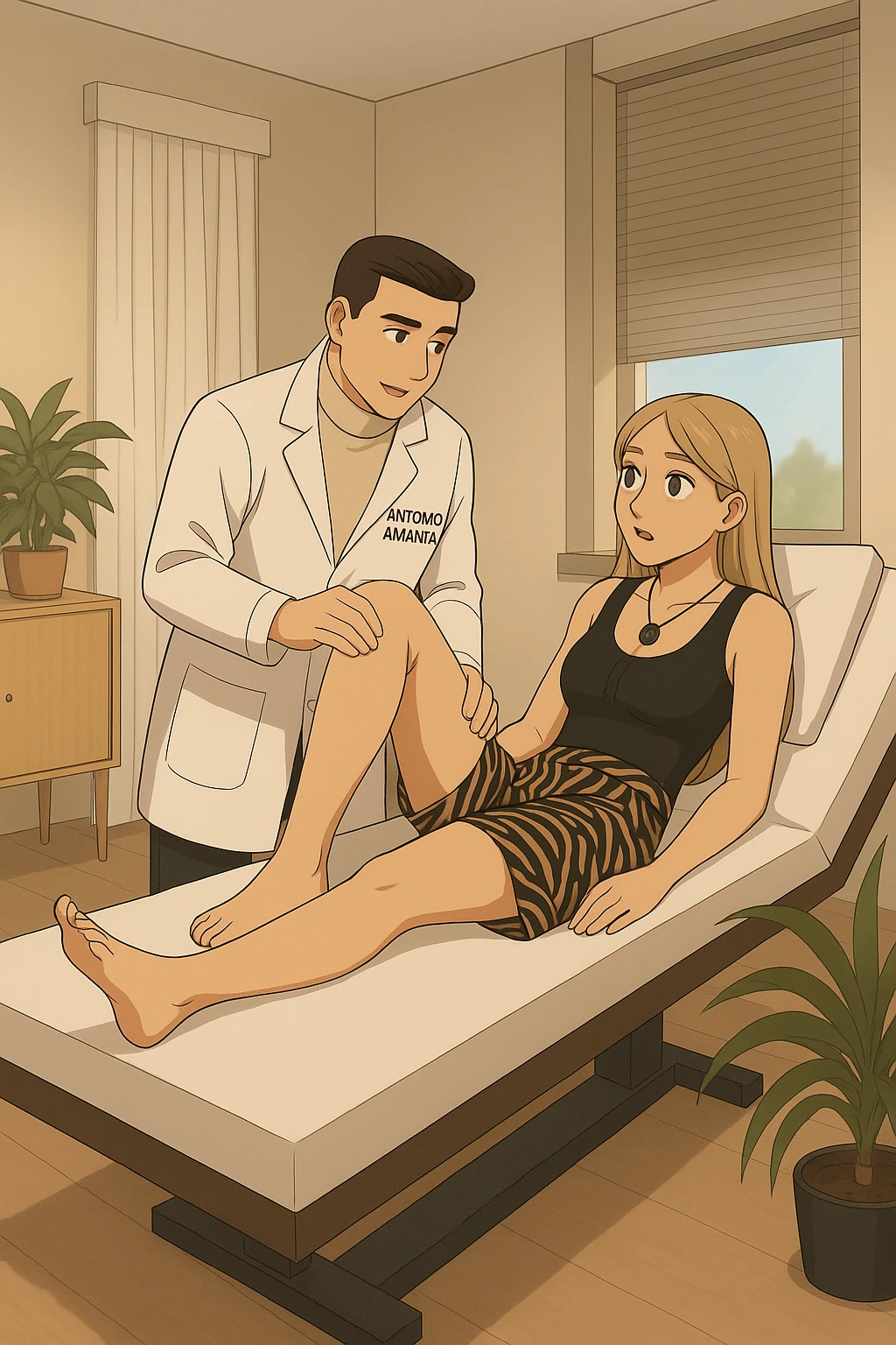 fai un webtoon/manga a colori con questo kinesiologo in camice bianco (fagli la scritta "ANTONIO ANANIA" SUL CAMICE) CHE SVOLGE UN TEST NEUROMUSCOLARE SOLLEVANDO UNA GAMBA ALLA RAGAZZA CHE è STESA SU UN LETTINO BIANCO. STANZA SEMPLICE E MODERNA, DURANTE IL TEST I DUE DIALOGANO TRA LORO. NON FARE I FUMETTI, FAI SOLO LORO COME SE DIALOGASSERO emoji