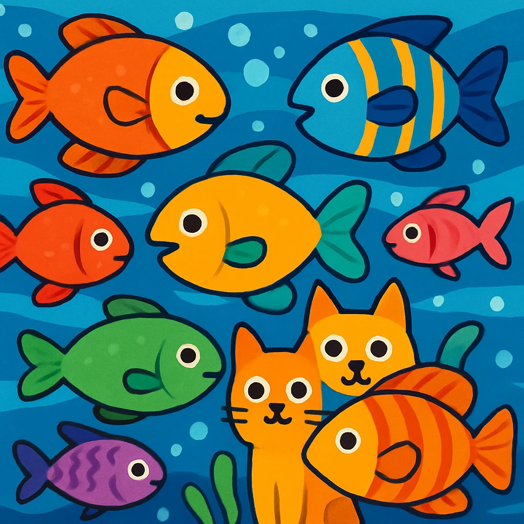 playful and vibrant underwater scene with multiple colorful fishes swimming in various directions, hidden behind the fishes is a single animal (cat, dog, or rabbit) partially obscured and blending in, creating a fun 'find the hidden animal' puzzle, eye-catching and suitable for a YouTube short, 16:9 aspect ratio emoji