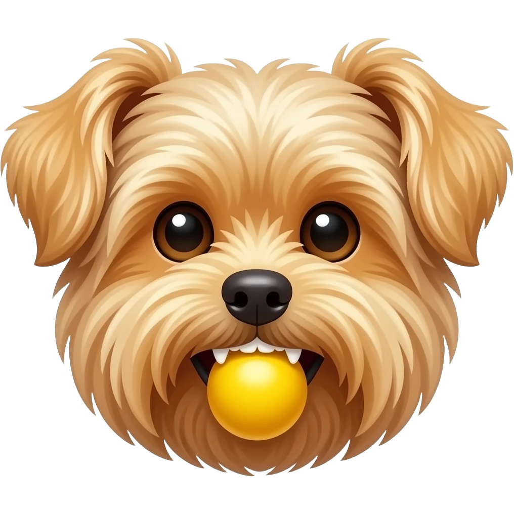 Droopy long ear gold yorkie face with yellow ball in mouth teeth showing emoji