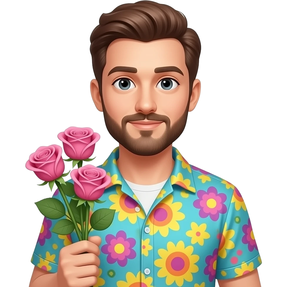 Man, funky cloth, Holding Pink Roses closeup, bust size emoji