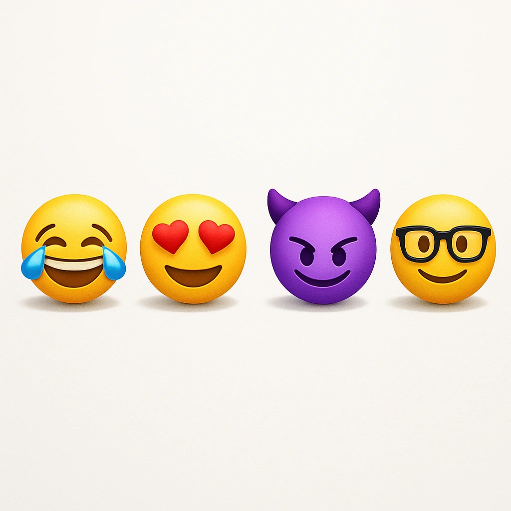make four emojis on white background with good amount of shadow, four emojis of smiley's only. one laughing, second heart eyes, third purple devil and four black glasses emojis  emoji