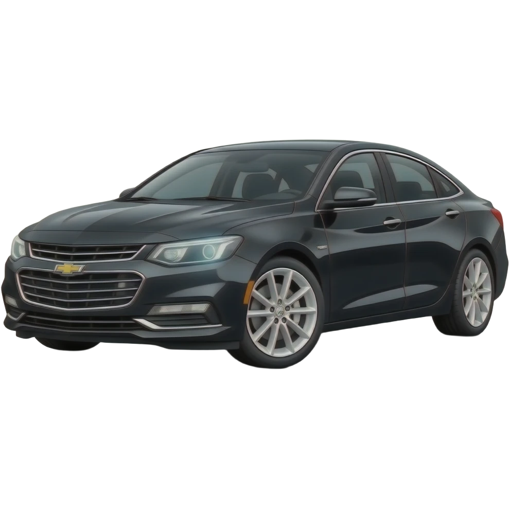A realistic, high-detail photograph of a glossy black Chevrolet Malibu 2 Turbo Premier sedan with tinted windows, glowing white alloy rims, and bright LED white headlights emitting a dinamic brighting glowing effect. emoji