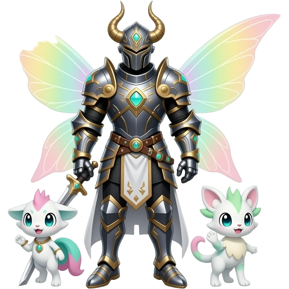 Epic complex knightly divine glorious futuristic detailed dark dusky gloomy pastel pink-pastel-green-pastel-yellow-white-gradient-iridescent, realistic Fakémon-Sprigatito-Floragato-Meowscarada-Trico-Sergal-Serval-Vernid-creature (full body) with bracelets and anklets and fairy wings emoji