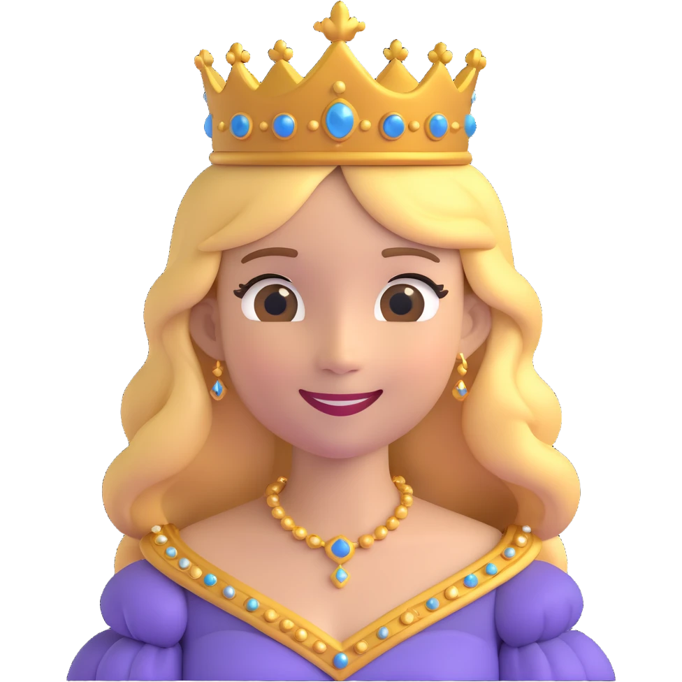 A cartoon-style princess emoji with long hair, wearing a golden crown, smiling softly, and dressed in a royal gown emoji