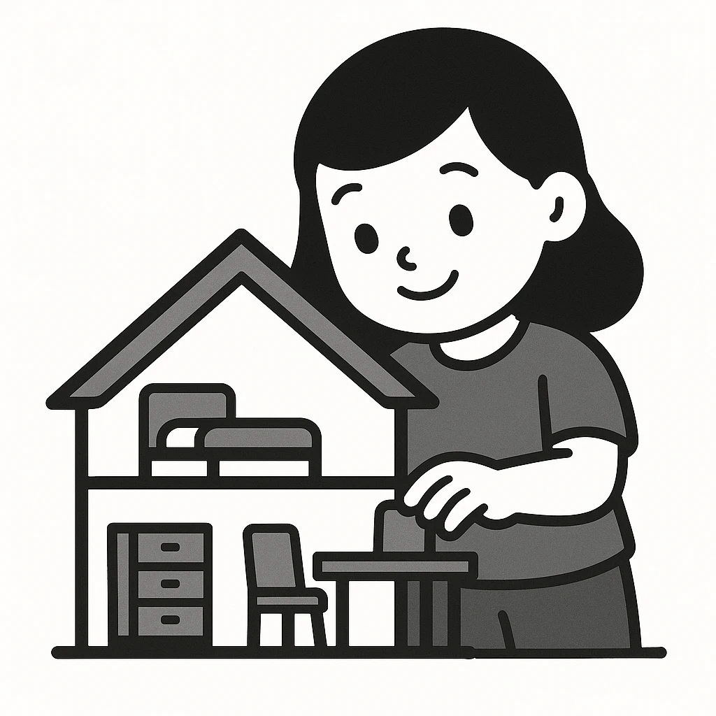 smiling girl arranging furniture in doll house emoji