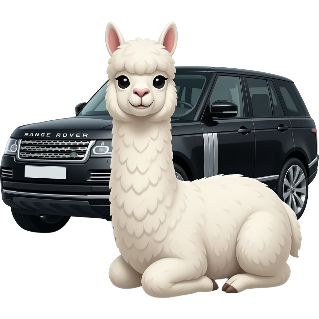 Alpaca emoji styled hair please white  realistic alpaca funny face but cute with nice hair full body sat next to black range rover car cahnge the alpaca thata alpaca id so fake i dint like it emoji