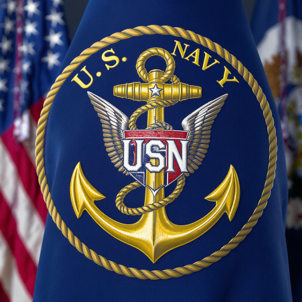 U.S. Navy Master Chief Petty Officer of the Navy (MCPON) insignia, realistic style, gold fouled anchor with silver USN and three gold stars above, no background, transparent background requested but opaque used as default for style. emoji