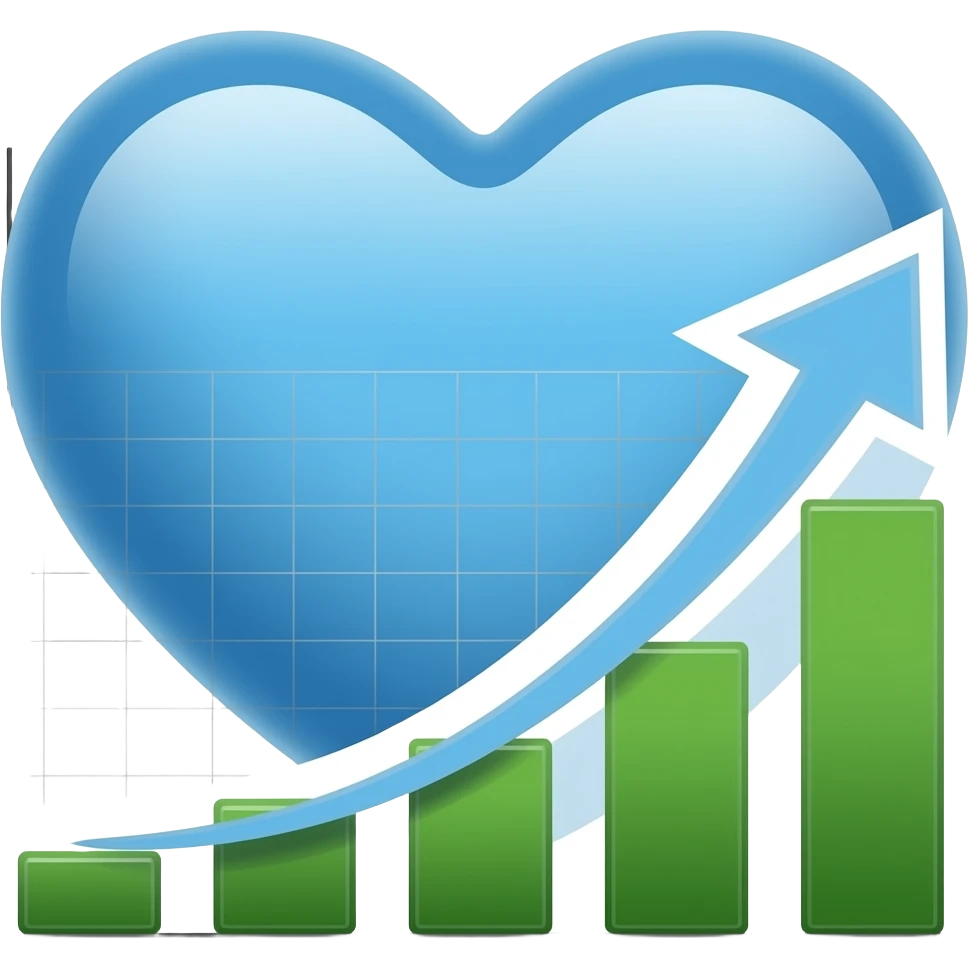 On the left: a whole blue heart. On the right: a growing economic chart in the form of an arrow emoji