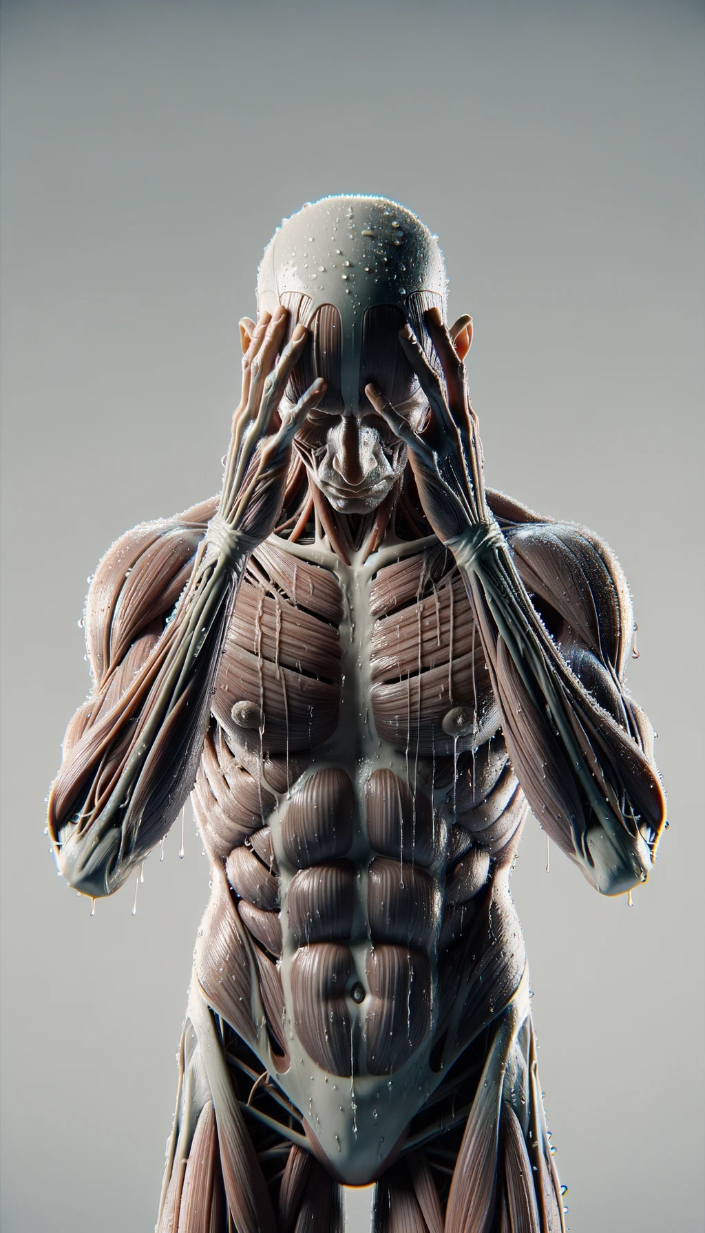 CORPO UMANO ANATOMICO REALISTICO DISPERATO, POSA FRONTALE,  SI TIENE LE MANI SULLA FRONTE E NON SA COSA FARE, SUDATO, IPERREALISTICO 4K, SFONDO BIANCO emoji