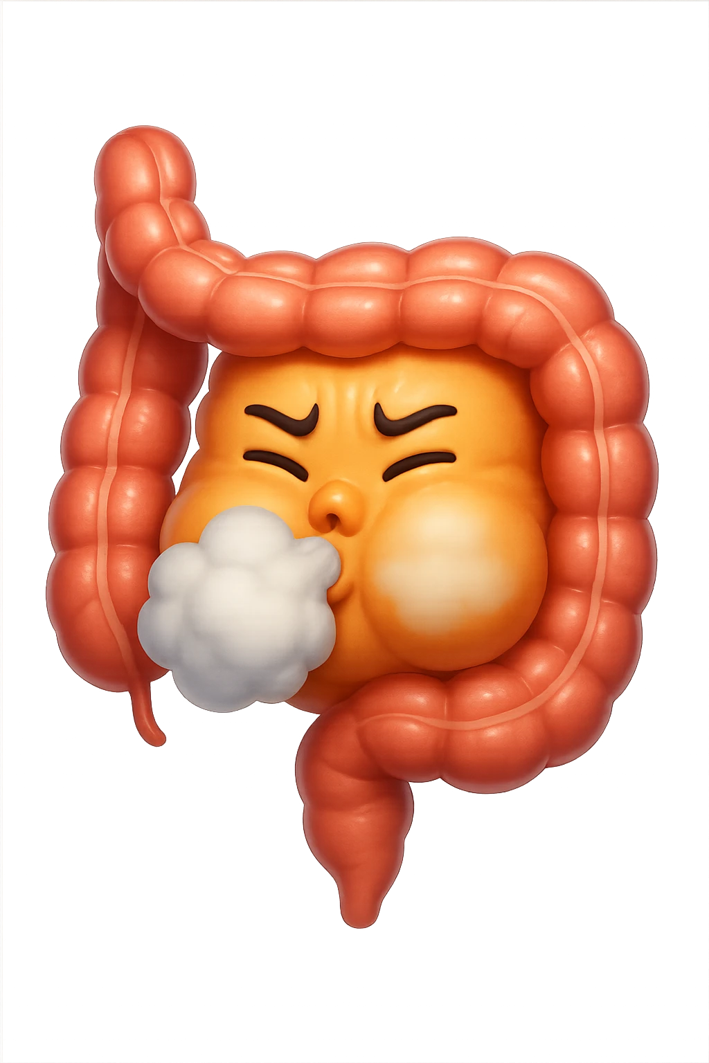 emoji stile iphone di un intestino che ingoia una nuvoletta di aria ben visibile e gli si gonfia la pancia, non fargli il naso, iperrealistico 4k emoji