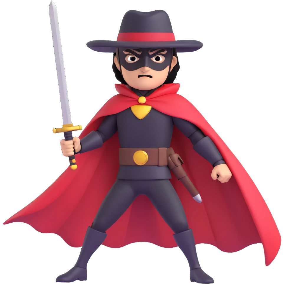 Zorro, masked vigilante with a cape and sword, dynamic pose, iconic hat and mask, bold and heroic expression, emoji style emoji