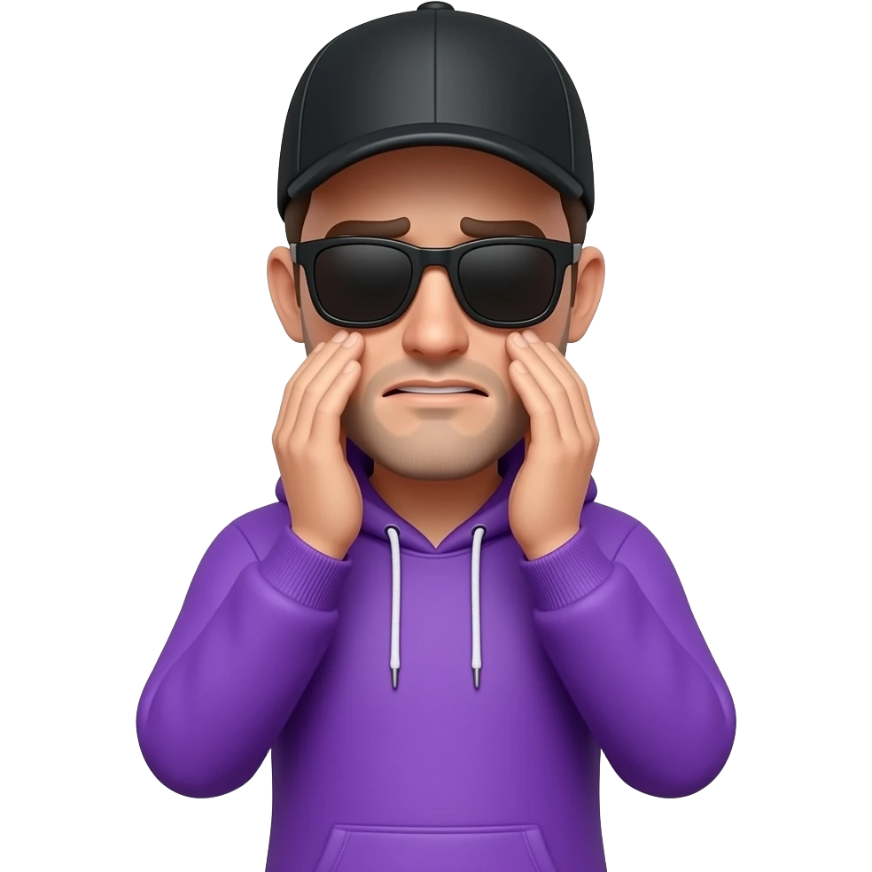 tall skinny guy with black basecap, purple hoodie, sunglasses facepalm withboth hands emoji
