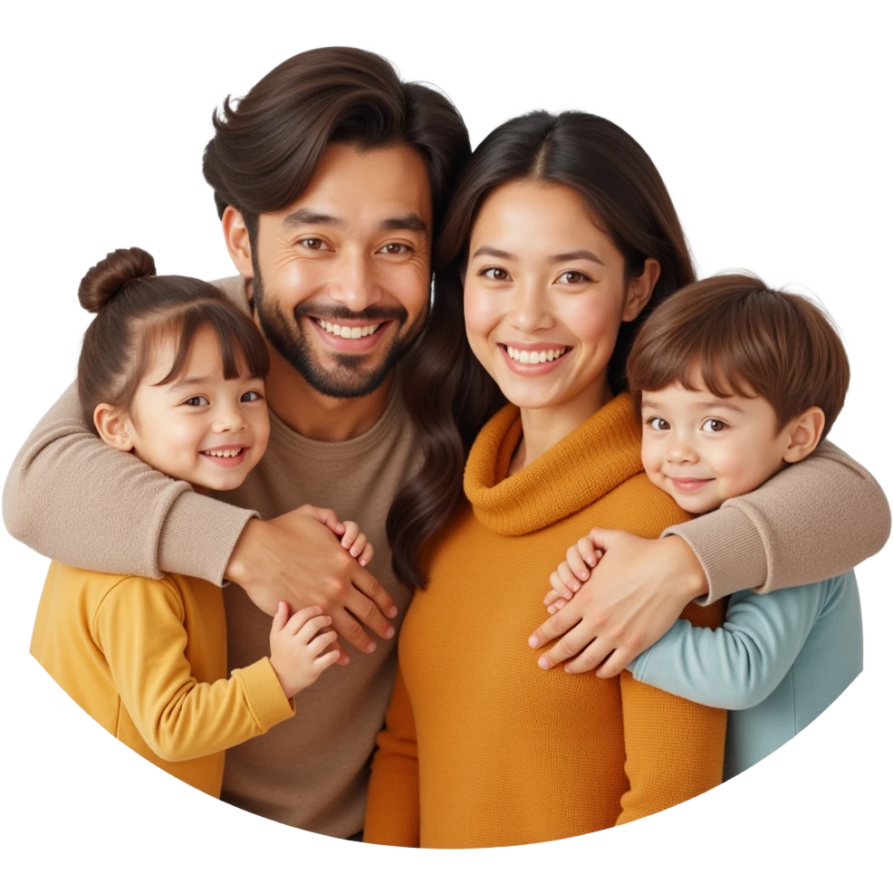 closeup front angle shot of a smiling family with parents and two children, realistic textures, soft lighting, skeuomorphism style emoji