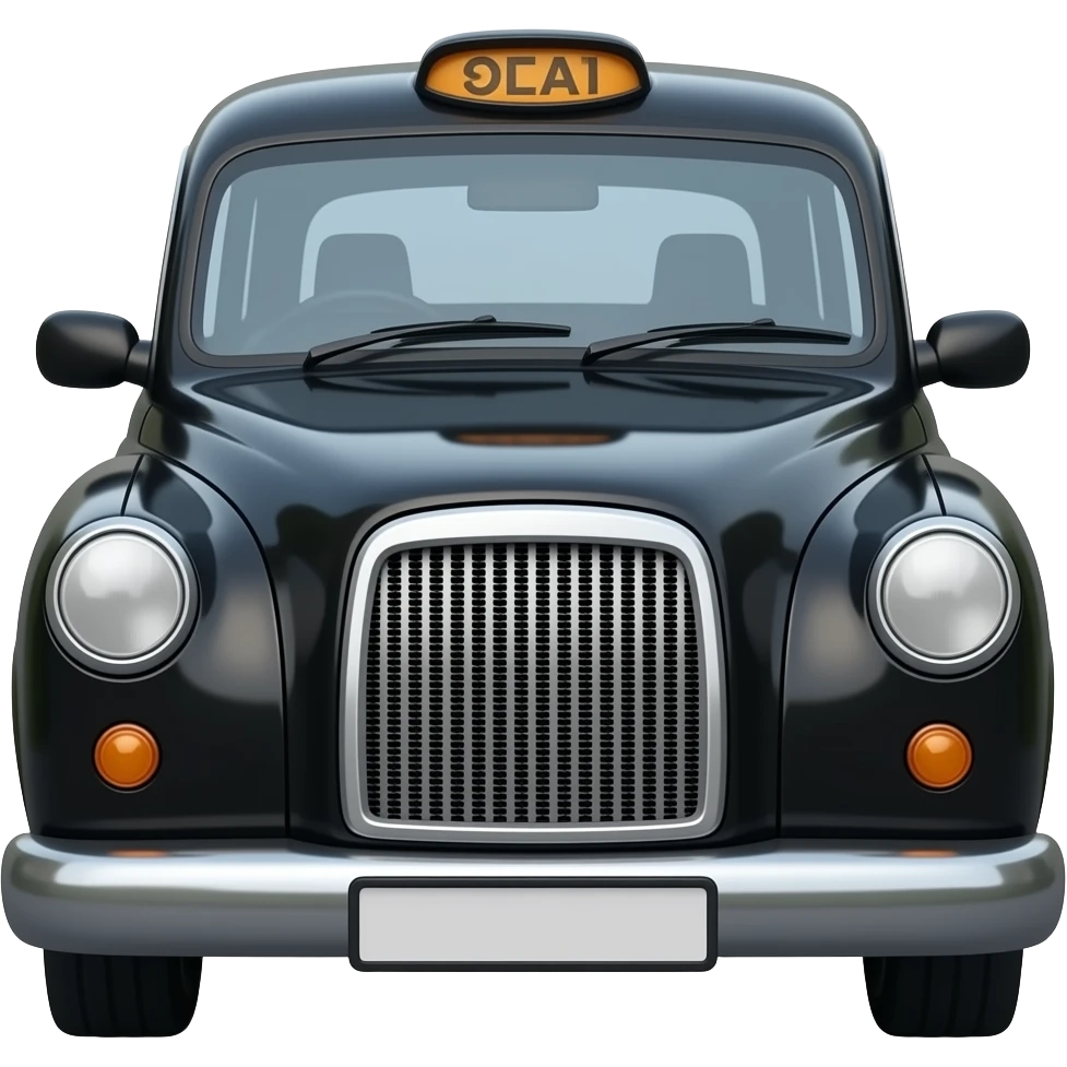 Classic London black cab, isolated, centered, no background, no street, no scenery, no text, glossy black body, rounded shape, iconic taxi look emoji