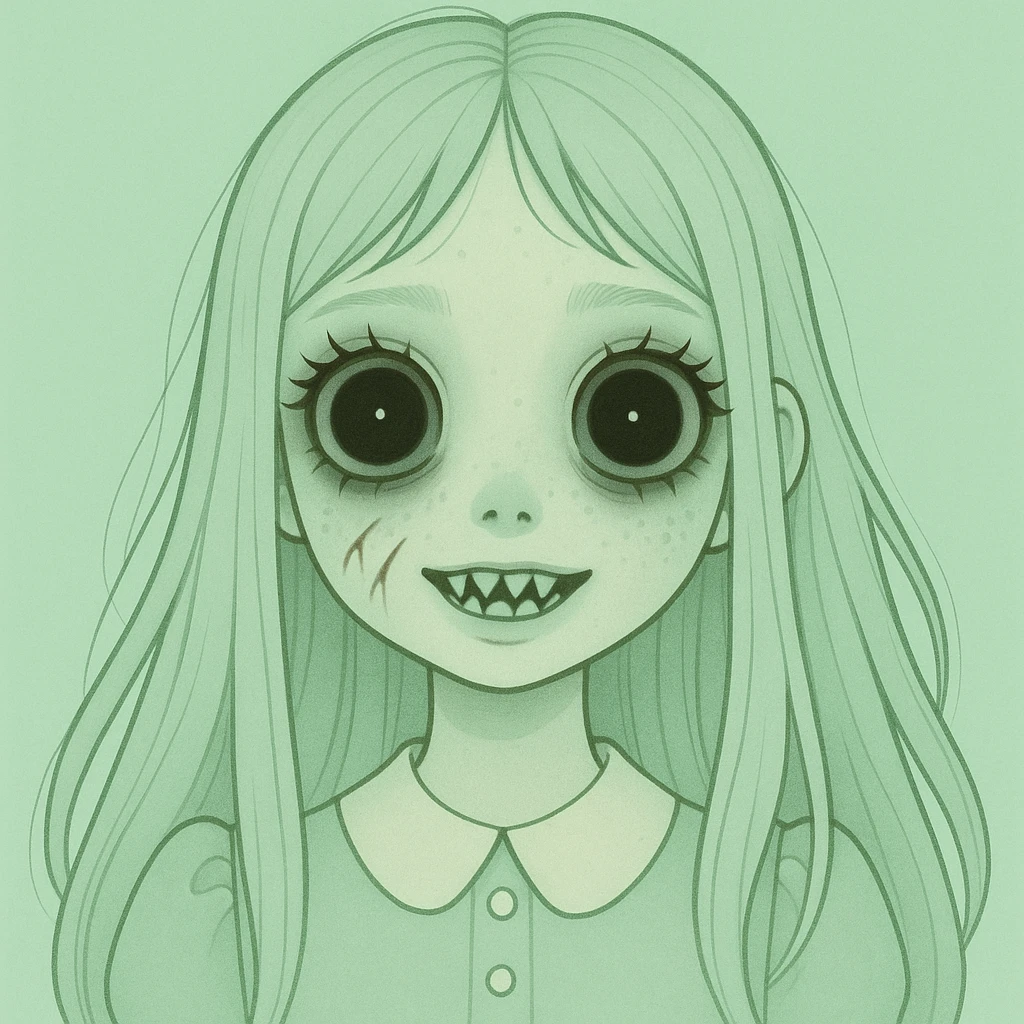 Make the pastel horror profile picture scarier and use a light green pastel color palette, keep it cute, expressive, and minimal, in the style of imagen-4-fast-KaUtLiSA10F style. emoji