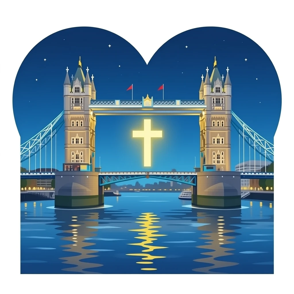 London bridge with a glowing Christian cross directly underneath it in the middle above the water with heart shape carved out of it emoji