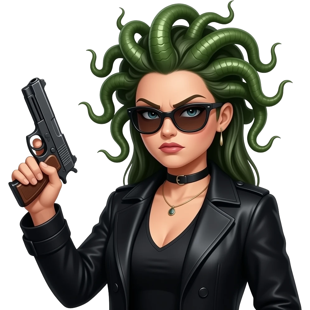 Angry beautiful female Medusa in black coat with sunglasses holding gun emoji