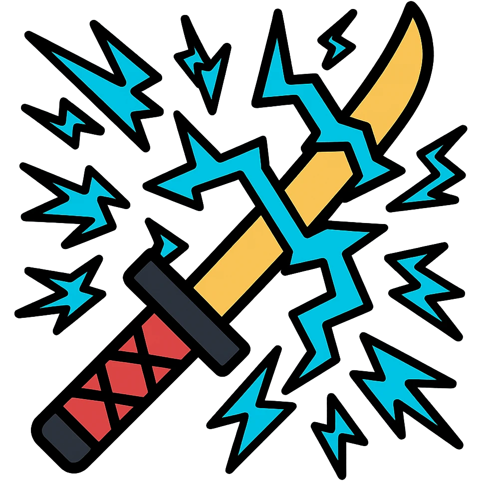 Add more intense blue lightning bolts around the katana, with varied shapes and directions, no background, keep icon style consistent with lineal color icon with black outlines. emoji