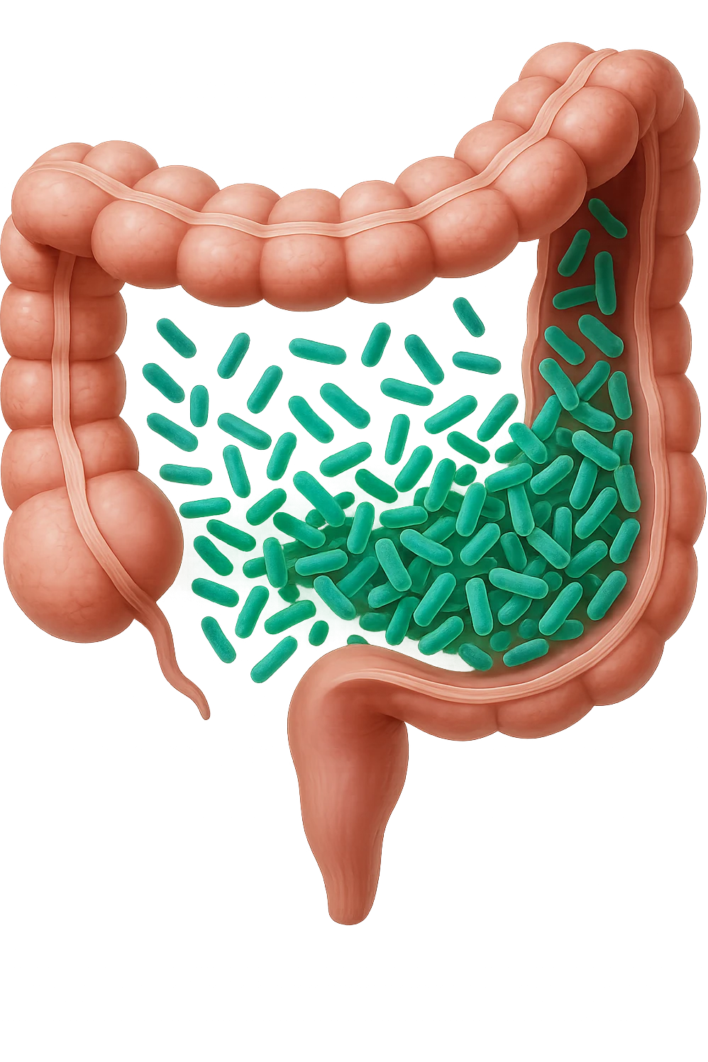 batteri intestinali in un tratto di colon anatomico umano, iperrealistico 4k emoji