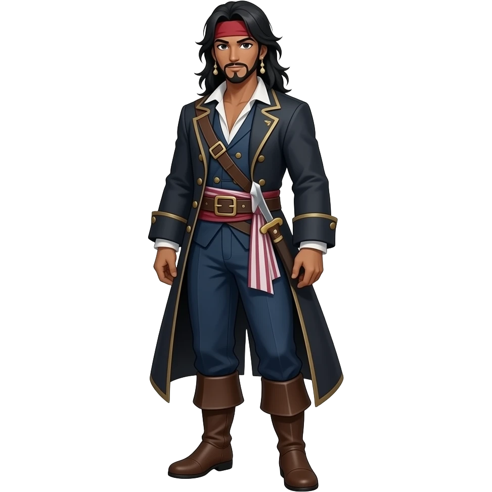 Anime male pirate brown skin dark pirate cost pirate dark blue pants and brown boots long black hair very tall full body emoji