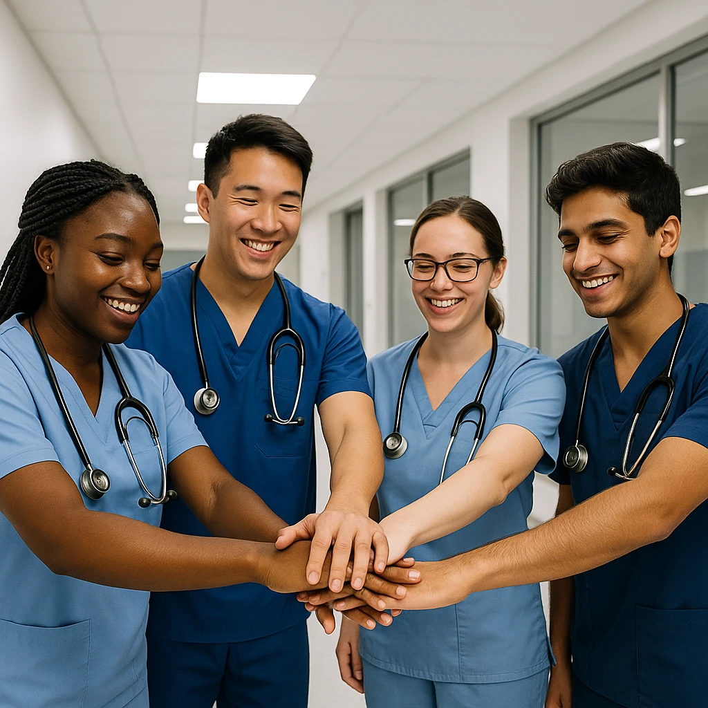 four student nurses collaborating, diverse, wearing scrubs, smiling, teamwork, hospital background, contemporary, clean lines emoji