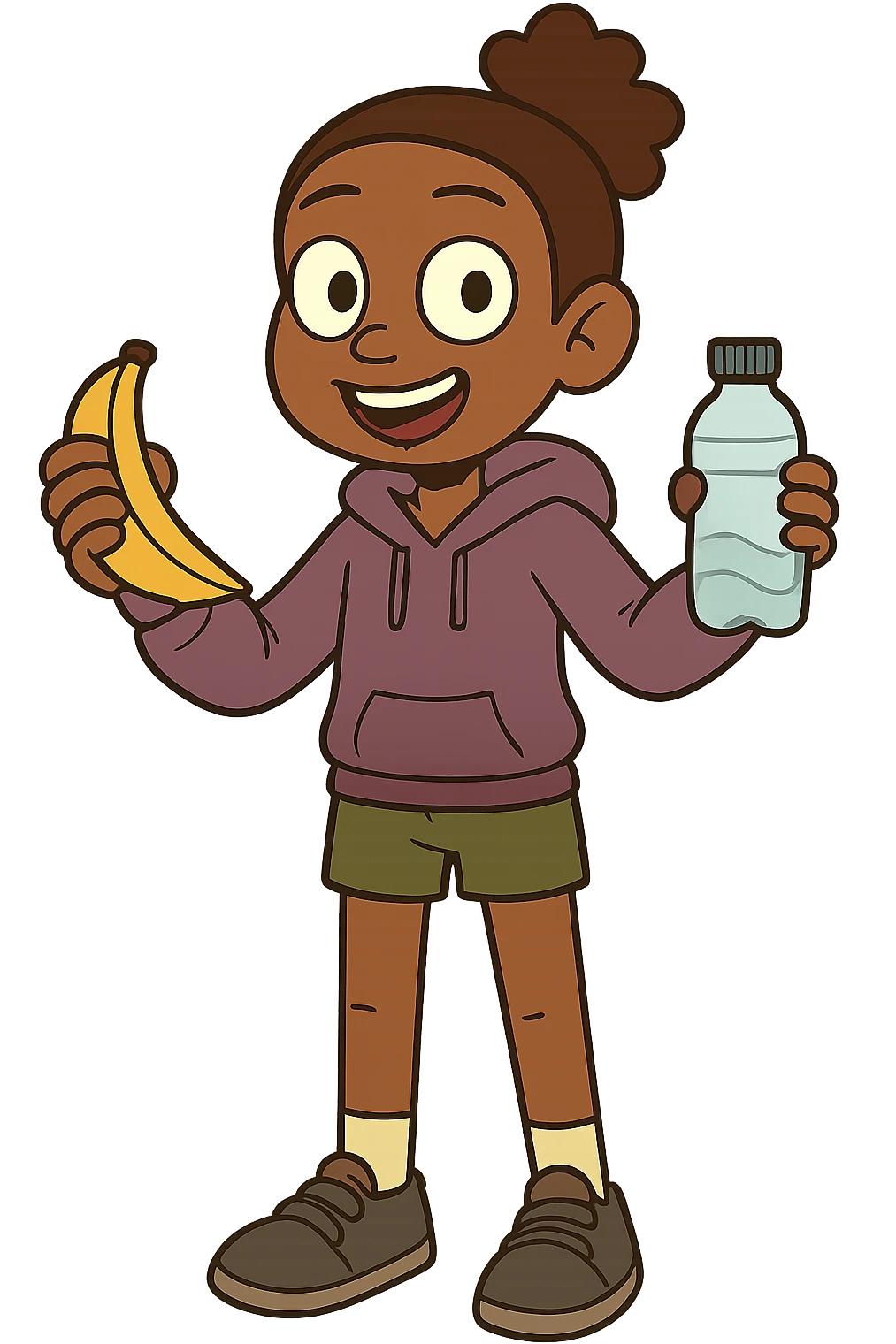 Change this image into a young fit and healthy black girl holding a banana and wearing shorts and a hooded jumper emoji