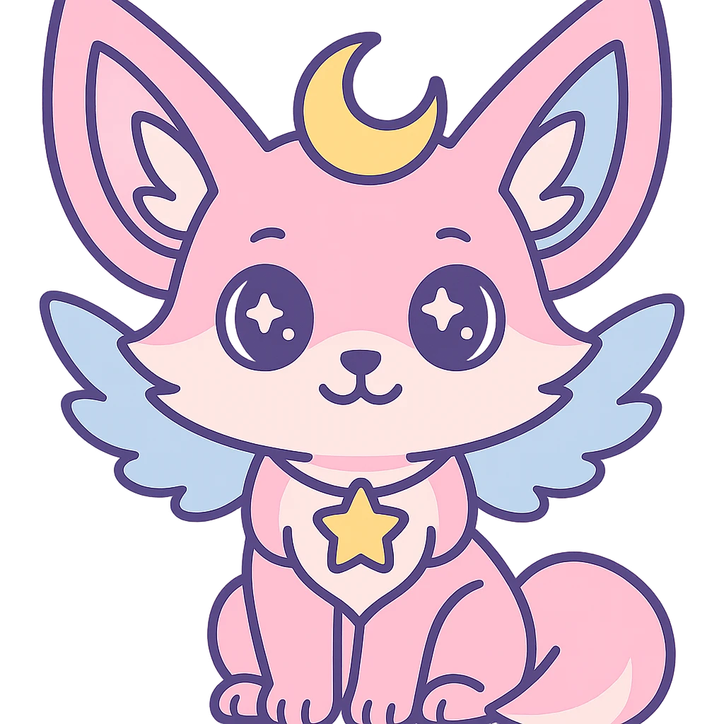 Transformer cette illustration de fennec magique kawaii en emoji expressif, style kawaii, fond transparent, garder les couleurs pastel et les accents féeriques. emoji
