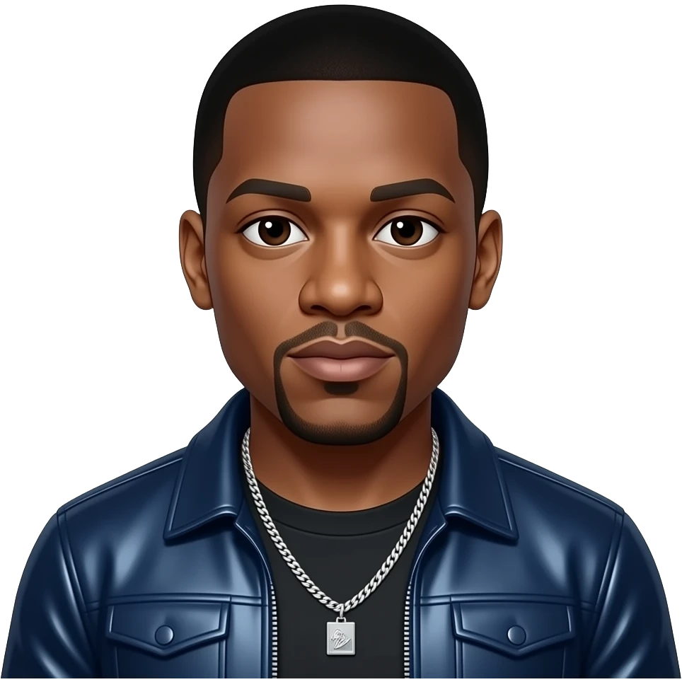 Jay-Z with dark brown eyes, black hair, dark blue metallic hip-hop outfit, necklace emoji