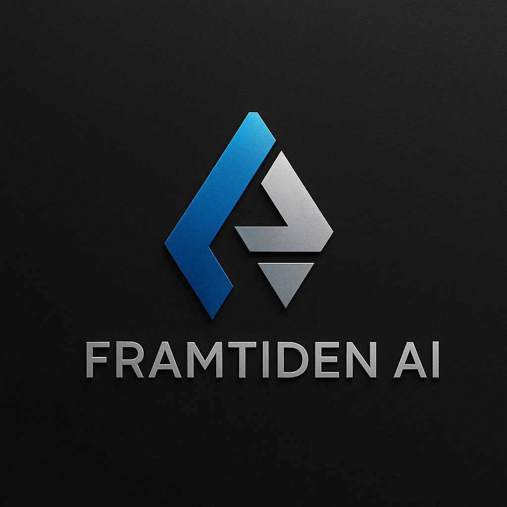 sleek, modern logo for 'Framtiden AI', geometric shapes, blue and silver tones, high-tech feel emoji