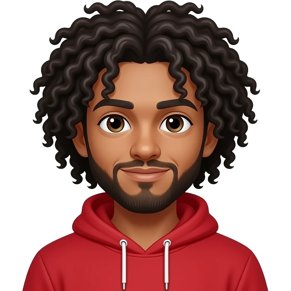 A boy with a super longAfro hair and has a Red hoodie with a beard emoji