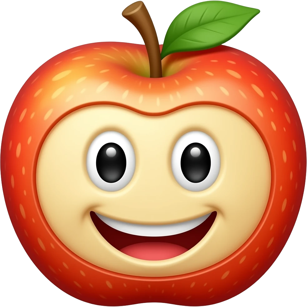3D apple emoji smiling, cute cartoon style, big eyes, happy face, glossy, vibrant colors, white background, high quality" emoji