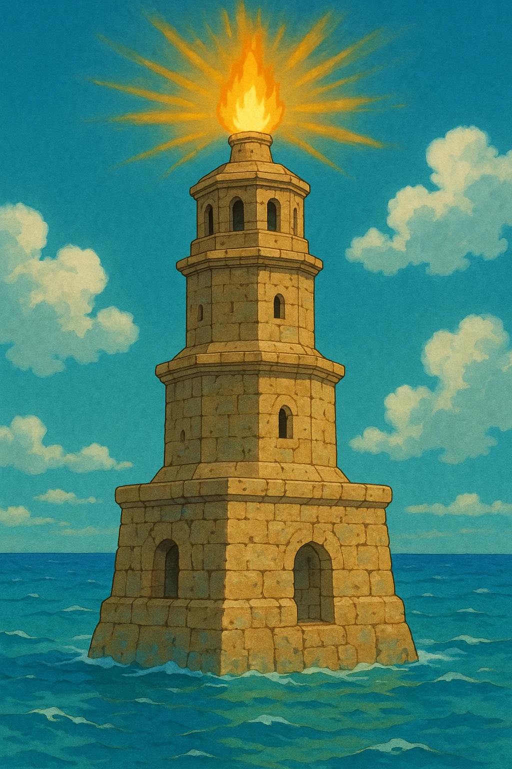 A three-tiered ancient tower with a squared base, octagonal middle, and cylindrical top. The tower has a stone texture with slight cracks and wear, showing its ancient but not ruined state. Each level has small windows or arches. At the top, there is a glowing fire or torch with gold/yellow and orange rays. The base of the tower is surrounded by blue waves lapping at it. The color palette consists of sandstone (beige/tan) for the tower, turquoise/blue for the sea, and warm gold for the fire. The style should be vibrant and detailed, capturing the essence of an ancient beacon by the sea. emoji