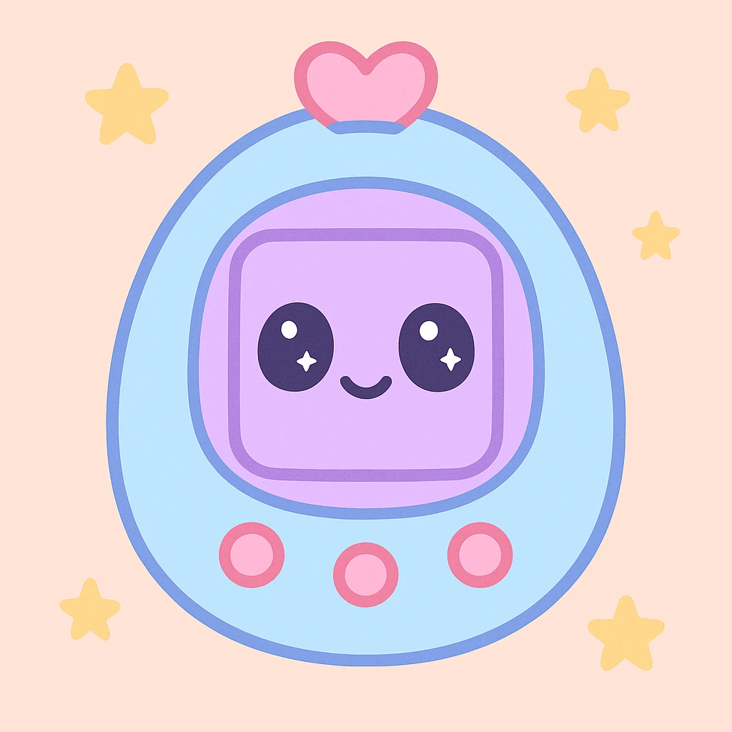Tamagotchi virtual pet device, kawaii style, pastel colors, adorable face on the device emoji