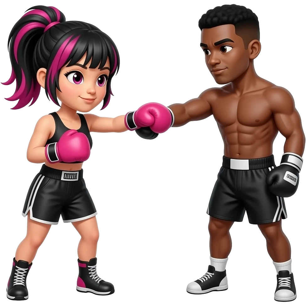 Light brown female boxer withblack hair with hot pink streaks in it wearing pink boxing gloves punch brown male emoji