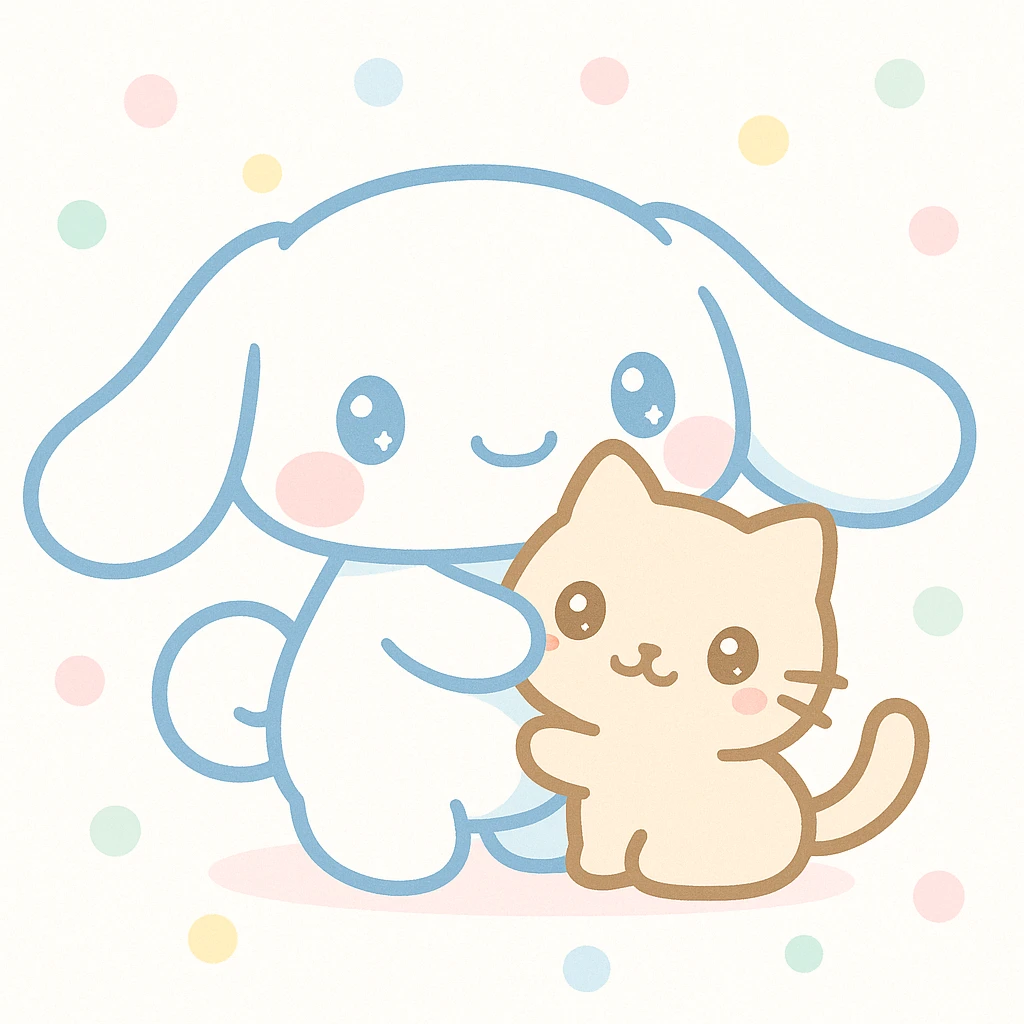 Cinnamoroll hugging a cat, kawaii style, soft blue and white, adorable and friendly emoji