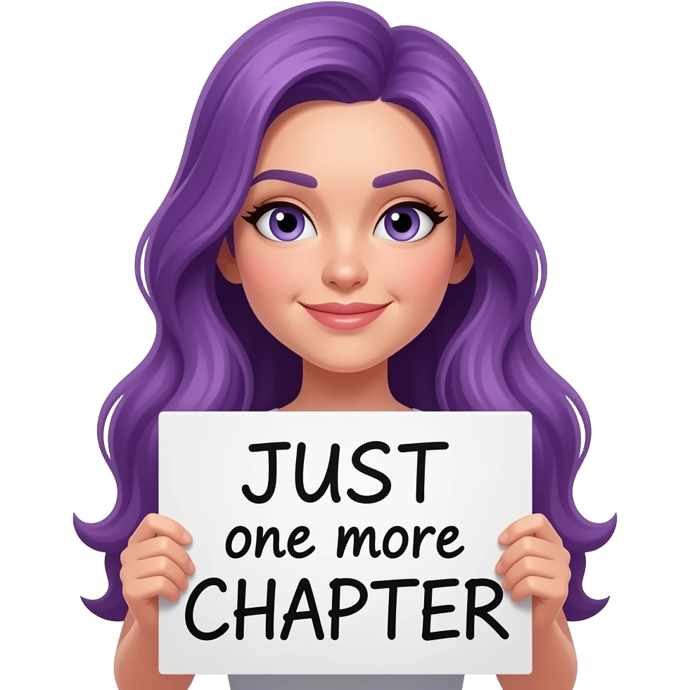 sexy girl with long purple hair holding a JUST one more CHAPTER sign emoji