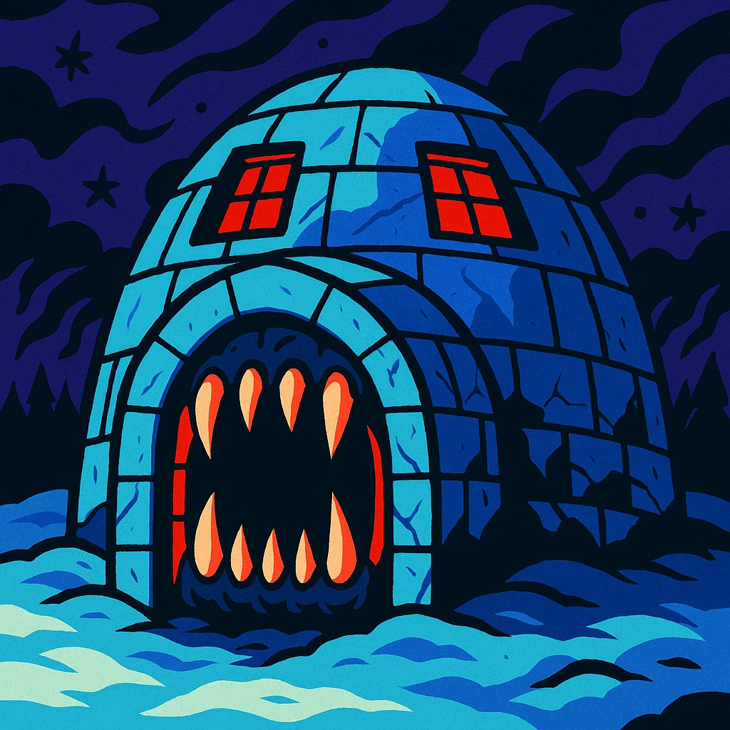 a menacing igloo with monster teeth at the entrance and red glowing windows, horror illustration style, scary and detailed emoji