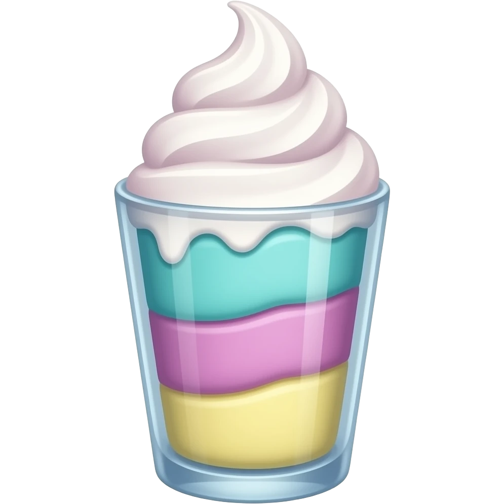 sundae dans un verre transparent, multicolore pastel clair, couleurs turquoise mauve rose jaune, étagé emoji